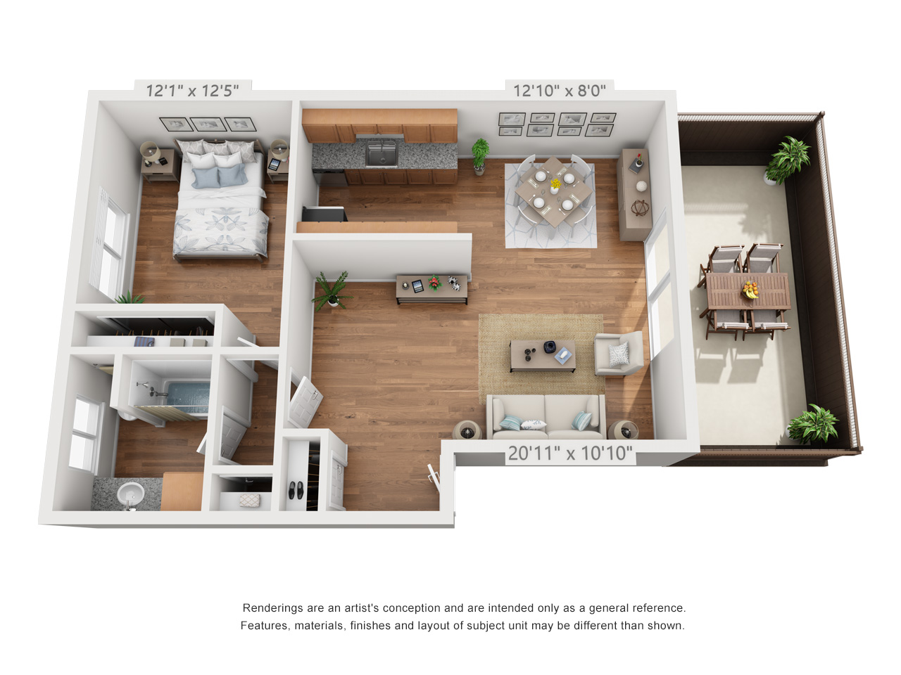 Floor plan for 1 bed, 1 bath, 770 sqft